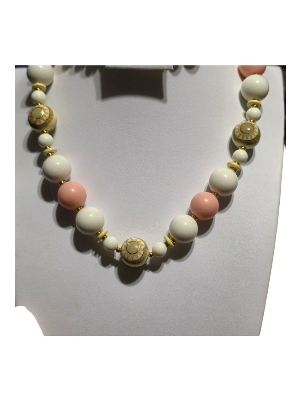Vintage Pastel Pink White Plastic Bead Necklace Decorative Gold Accents